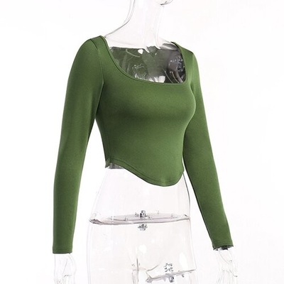OEM Casual Top Female Autumn Polyester Long Sleeve Sexy Circular Babes U Collar T Shirts