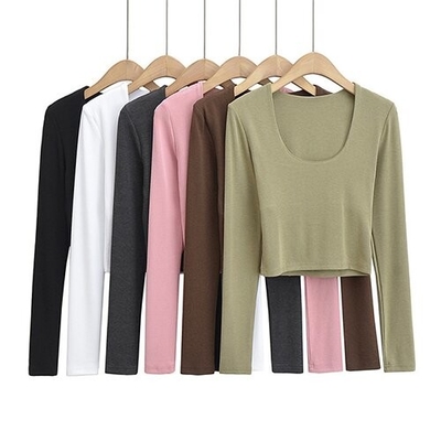 OEM U Collar Long Sleeved T Shirt Female 22 Autumn Polyester Hot Girl