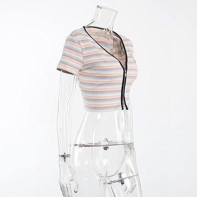OEM Keliou Foreign Trade polyester  cross -border European and American  sexy short zipper rainbow t -shirt