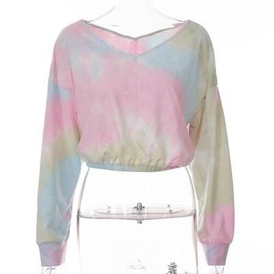 OEM European and American style polyester new long -sleeved V -neck loose band -dyeing printed short T -shirt w