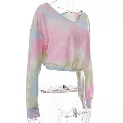OEM European and American style polyester new long -sleeved V -neck loose band -dyeing printed short T -shirt w