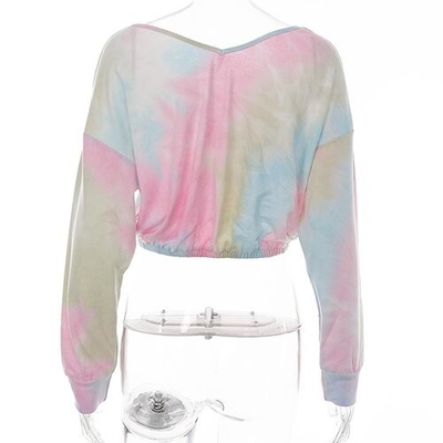 OEM European and American style polyester new long -sleeved V -neck loose band -dyeing printed short T -shirt w